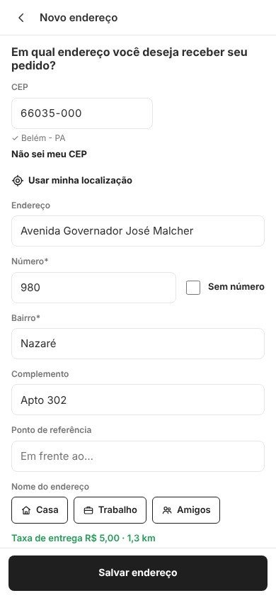 Endereço preenchido pelo CEP com taxa de entrega