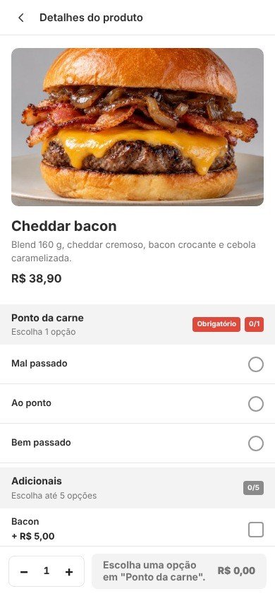 Lanche com escolha do ponto da carne e adicionais